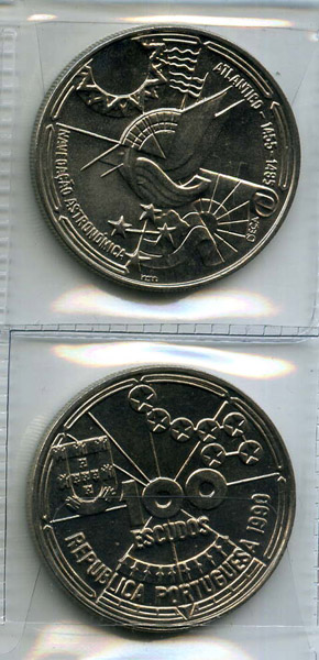 Монета 100 эскудо 1990г Астронавигация Португалия