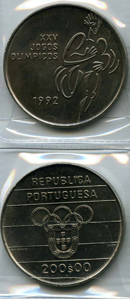 Монета 200 эскудо 1992г 25 олимпиада Португалия