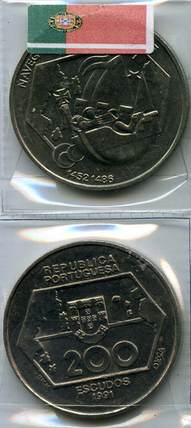 Монета 200 эскудо 1991г Навигация Португалия