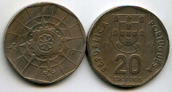 Монета 20 эскудо 1987г Португалия