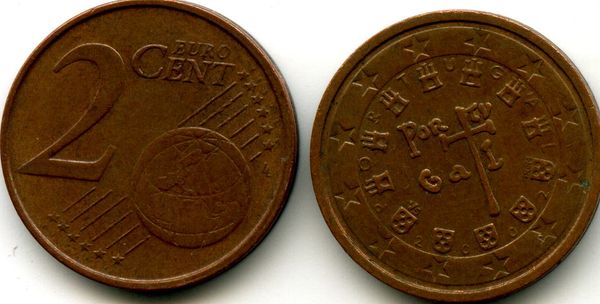 Монета 2 евроцента 2002г Португалия
