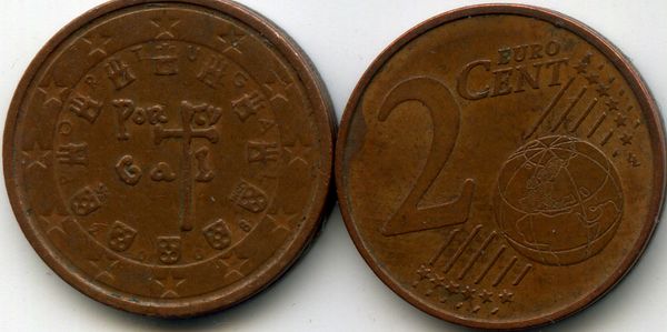 Монета 2 евроцента 2008г Португалия