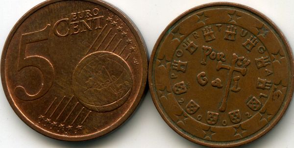 Монета 5 евроцент 2002г Португалия