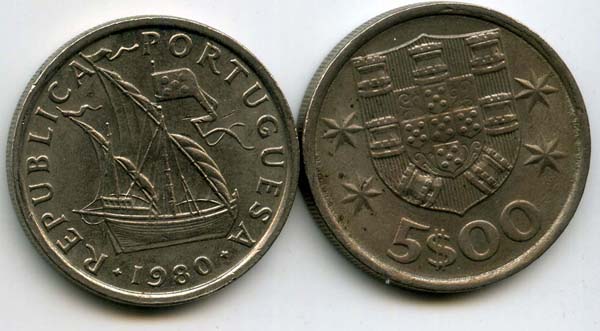 Монета 5 эскудо 1980г Португалия