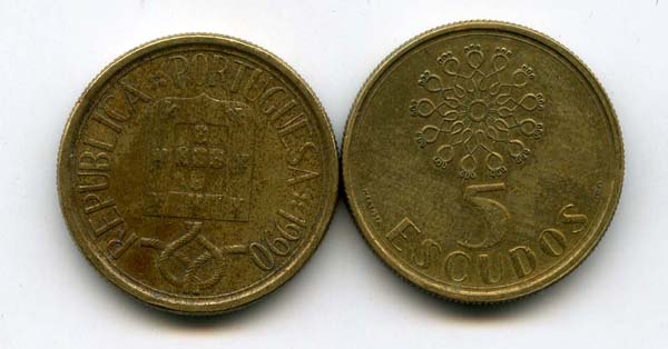 Монета 5 эскудо 1990г Португалия