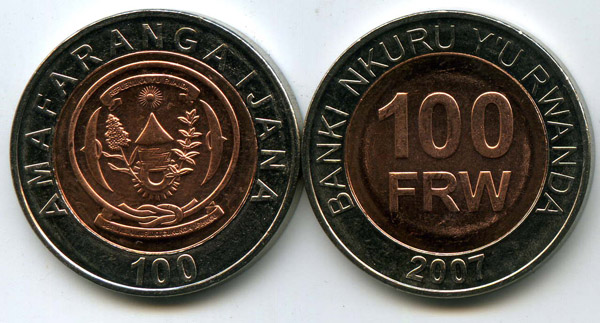 Монета 100 франков 2007г Руанда