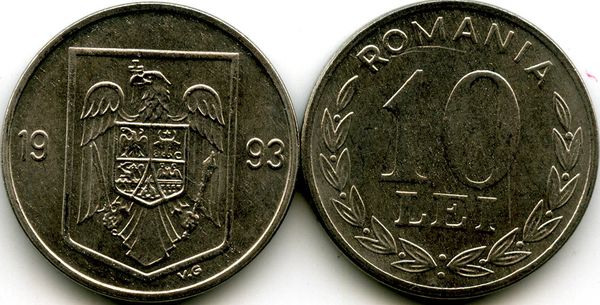 Монета 10 лей 1993г Румыния