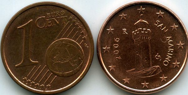 Монета 1 евроцент 2006г Сан-Марино