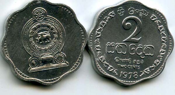 Монета 2 цента 1978г Шри-Ланка