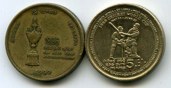 Монета 5 рупий 1999г крикет Шри-Ланка