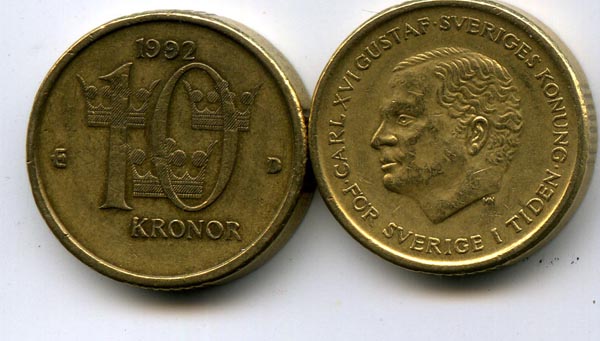 Монета 10 крон 1992г Швеция