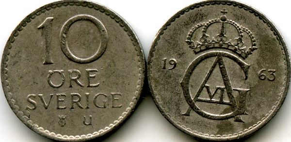 Монета 10 эрэ 1963г Швеция