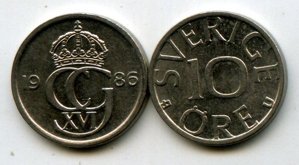 Монета 10 эрэ 1986г U Швеция