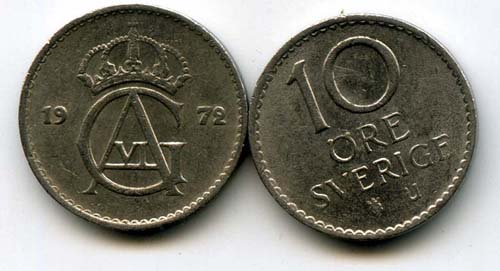 Монета 10 эрэ 1972г Швеция