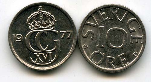 Монета 10 эрэ 1977г Швеция