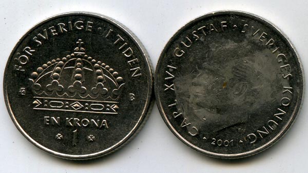 Монета 1 крона 2001г Швеция