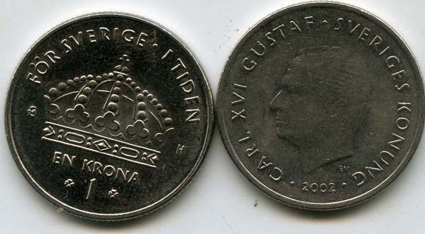 Монета 1 крона 2002г Швеция