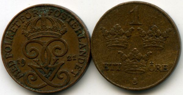 Монета 1 эрэ 1921г Швеция