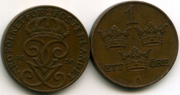 Монета 1 эрэ 1929г Швеция