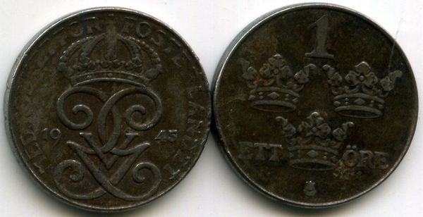Монета 1 эрэ 1945г Швеция