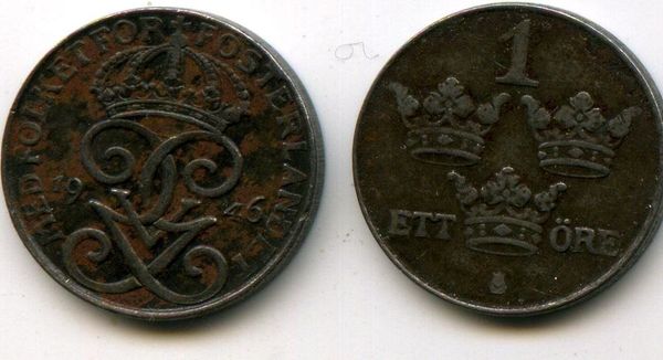 Монета 1 эрэ 1946г Швеция