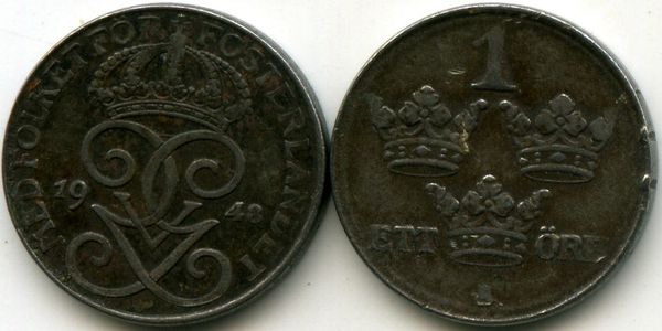 Монета 1 эрэ 1948г Швеция