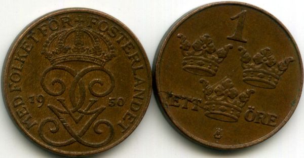 Монета 1 эрэ 1950г Швеция