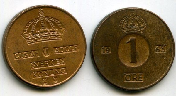Монета 1 эрэ 1963г Швеция