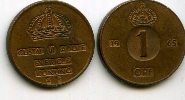 Монета 1 эрэ 1965г Швеция