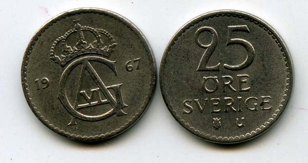 Монета 25 эрэ 1967г Швеция
