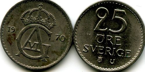 Монета 25 эрэ 1970г Швеция