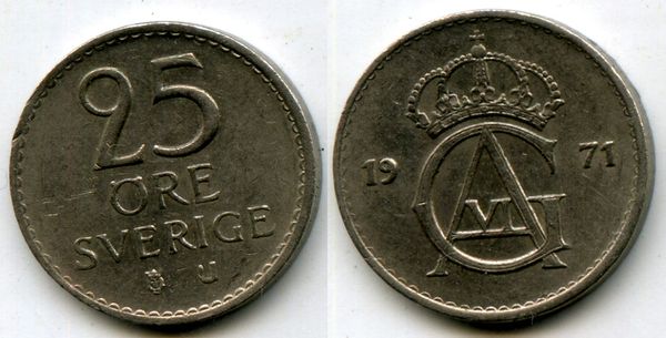 Монета 25 эрэ 1971г Швеция