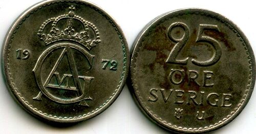 Монета 25 эрэ 1972г Швеция