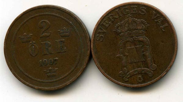Монета 2 эрэ 1907г Швеция