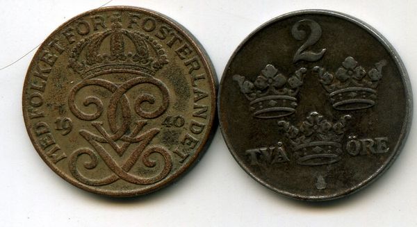 Монета 2 эрэ 1940г Швеция