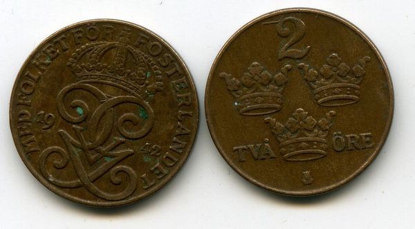 Монета 2 эрэ 1942г тип 2 Швеция