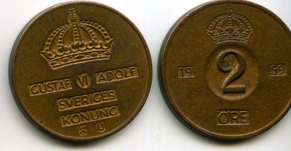 Монета 2 эрэ 1959г Швеция