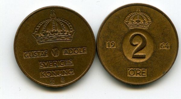 Монета 2 эрэ 1964г Швеция