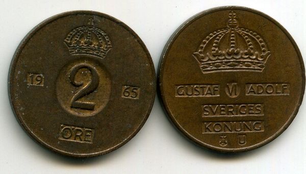 Монета 2 эрэ 1965г Швеция