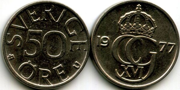 Монета 50 эрэ 1977г Швеция