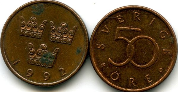 Монета 50 эрэ 1992г D Швеция
