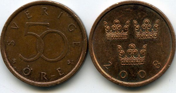 Монета 50 эрэ 2008г Швеция