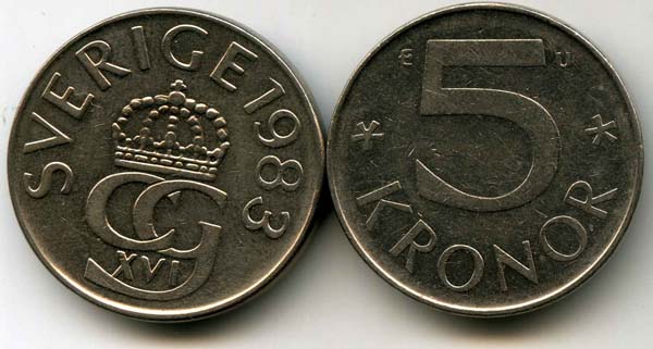 Монета 5 крон 1983г Швеция