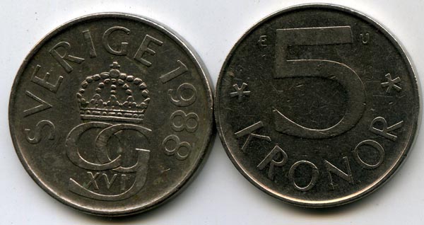 Монета 5 крон 1988г Швеция