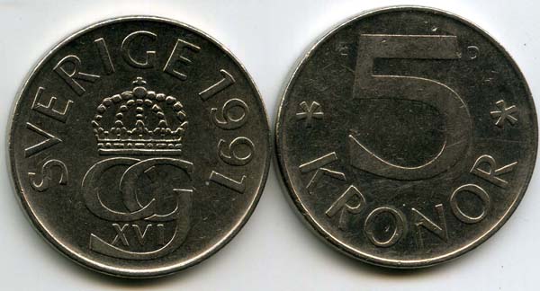 Монета 5 крон 1991г D Швеция