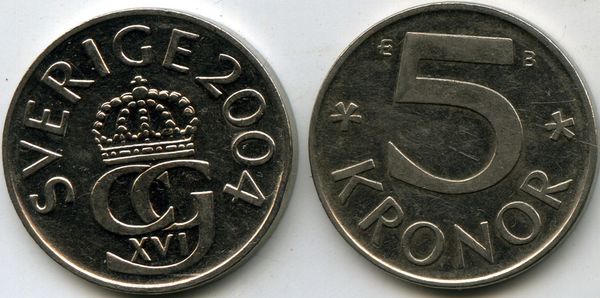 Монета 5 крон 2004г Швеция