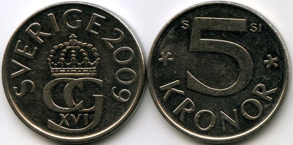 Монета 5 крон 2009г Швеция