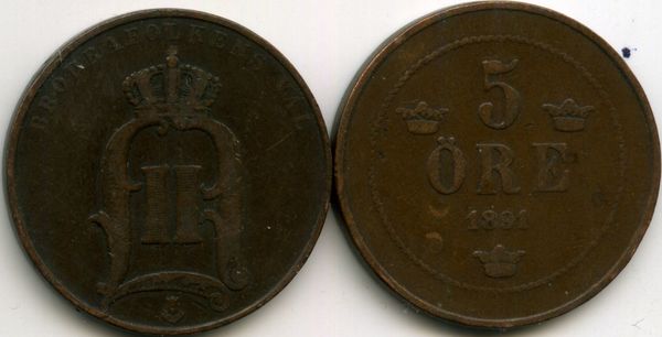 Монета 5 эрэ 1891г Швеция