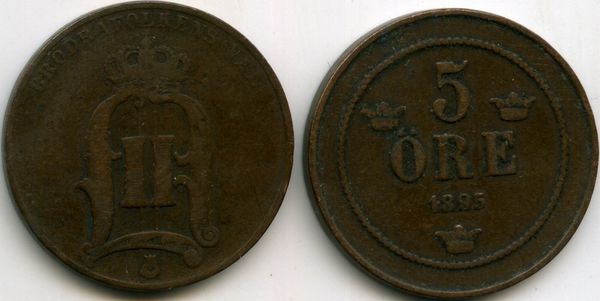 Монета 5 эрэ 1895г Швеция