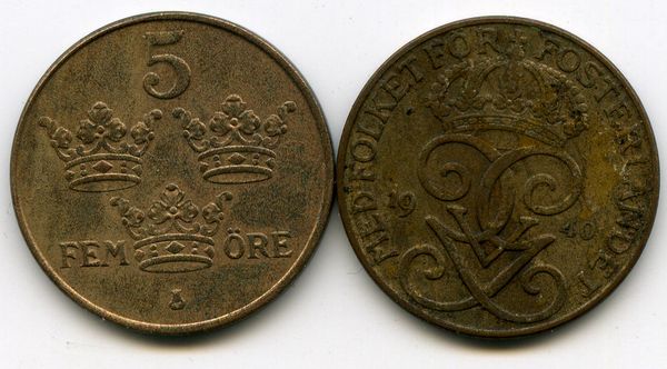 Монета 5 эрэ 1940г Швеция